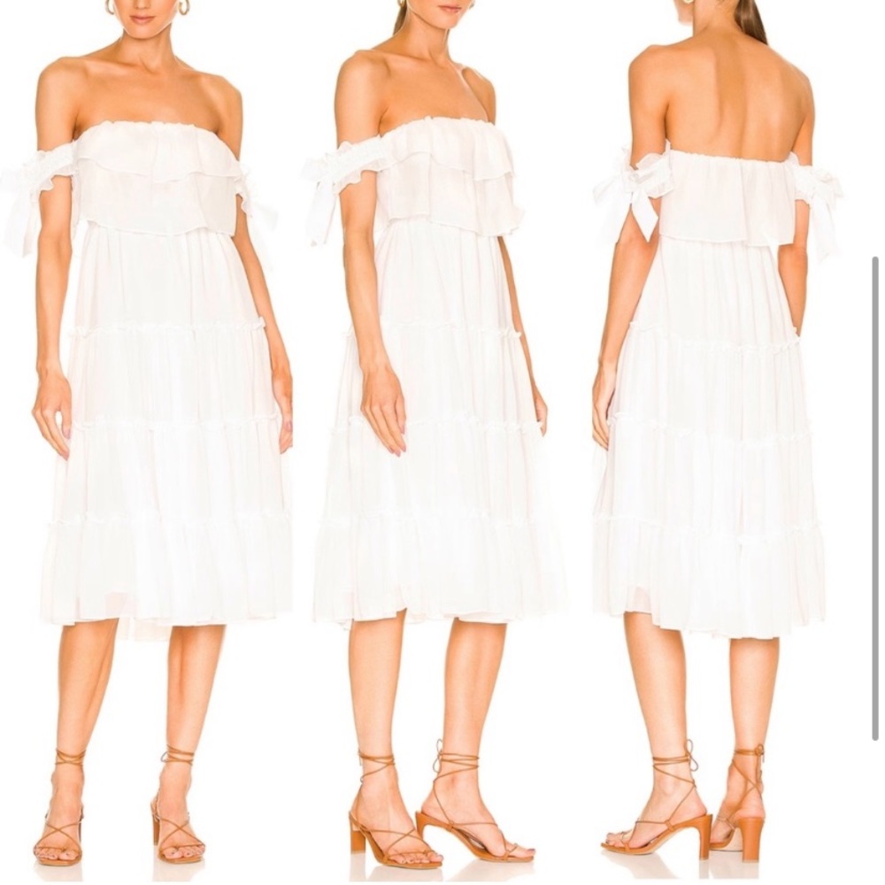 MISA Off-the-shoulder White Ruffle Midi Dress